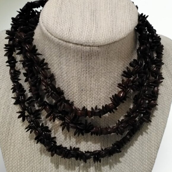 Long Dark Brown Acrylic Shell-Like Bead Necklace - Picture 3 of 4